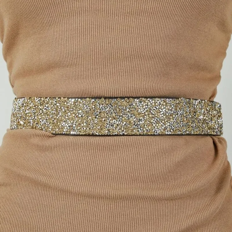 

New Trendy Hand-made Rhinestone Inlaid Elastic Waistband Fashion Wide Belts with Dress Coat Women