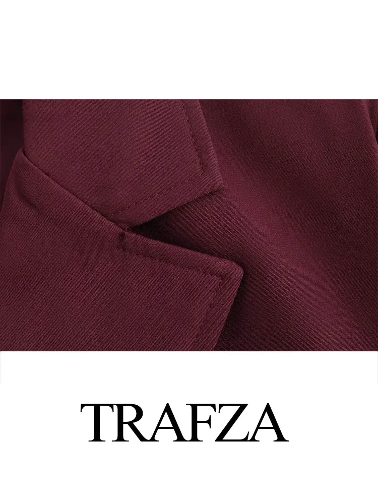 TRAFZA Women's Retro Loose Windbreaker Jacket Burgundy V-neck Single-breasted Buttoned Women's Mid-length Pocket Casual Jacket