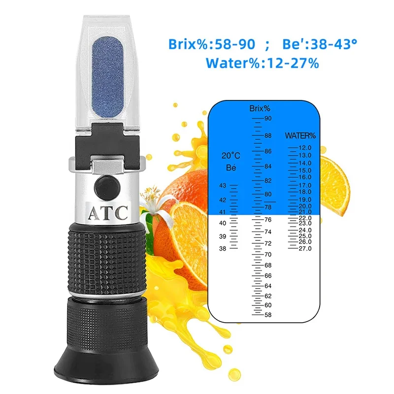 1.5X Handheld Honey Refractometer ATC Portable 12-27% Water 58-90% Brix Sugar Concentration Meter 38-43% Baume Contents Detector