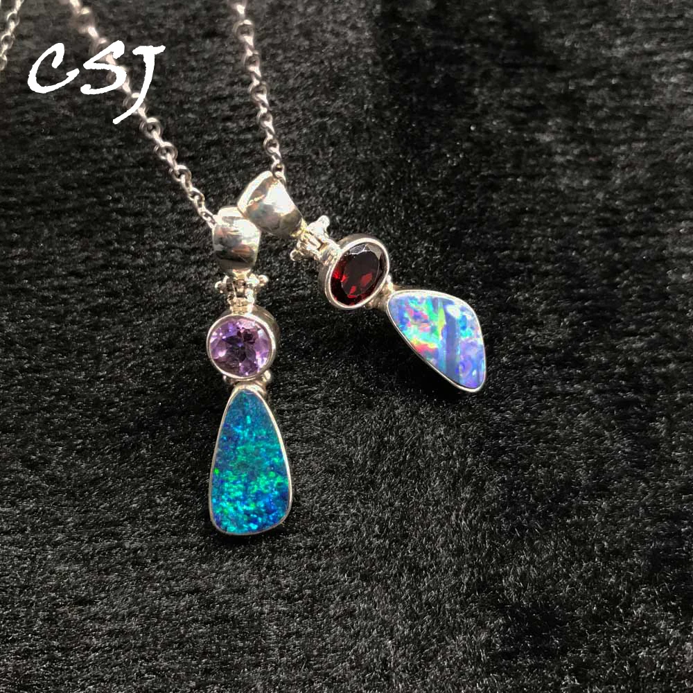 

CSJ Natural Australia Opal Pendants Sterling 925 Silver Amethyst Garnet Necklace for Women Party Birthday Handmade Jewelry Gift