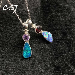 CSJ Natural Australia Opal Pendants Sterling 925 Silver Amethyst Garnet Necklace for Women Party Birthday Handmade Jewelry Gift