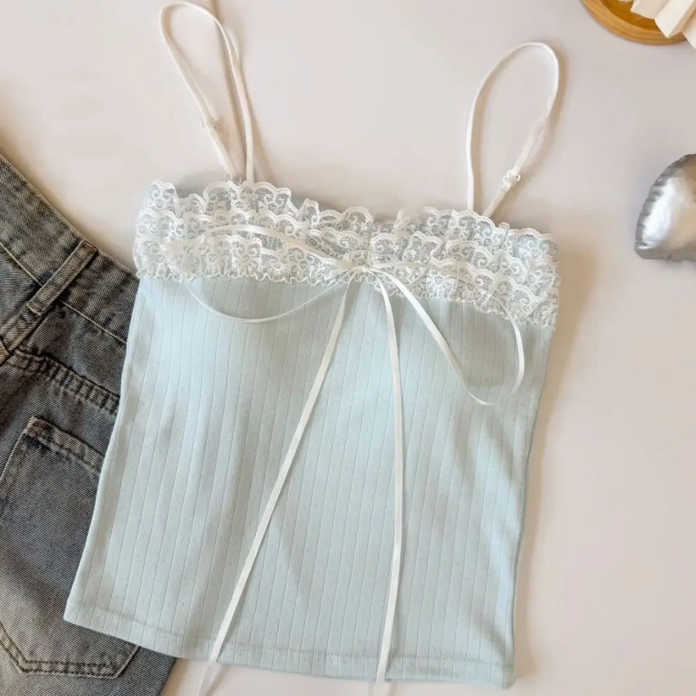 Modny Top Krótki z Kokardą, Koronką, Dopasowany, Słodki Top Pod Sukienkę, Dziewczęca Koszulka na Ramiączkach, Letni Top w Stylu Spice Girls z Wkładkami, Damski