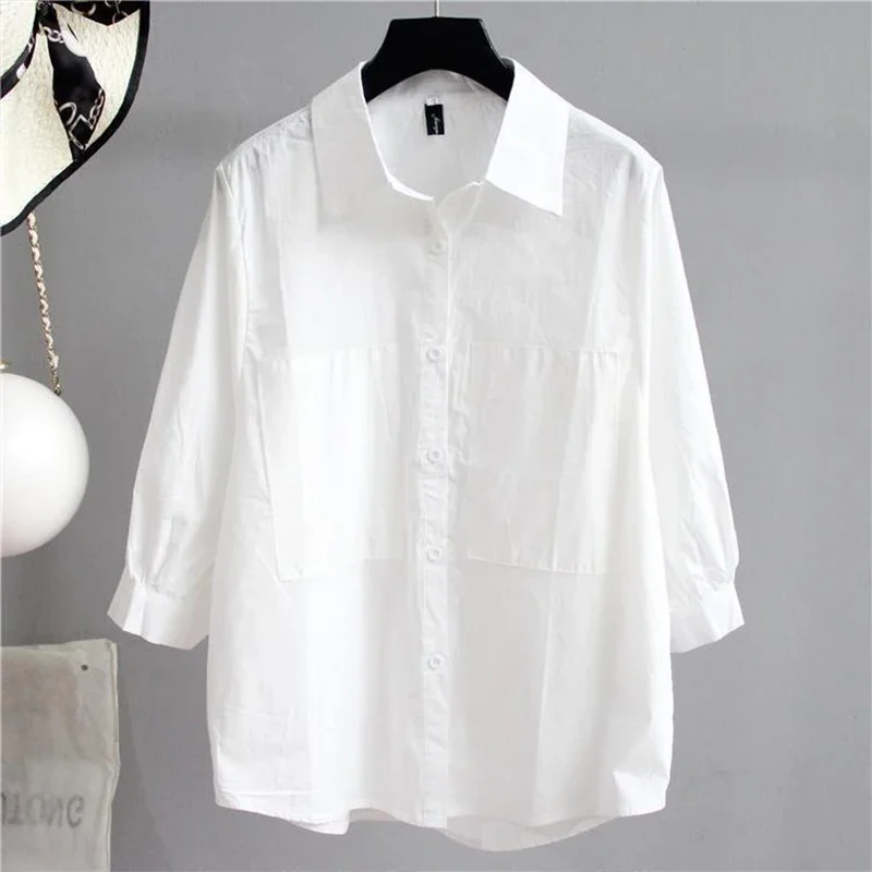 100% Cotton Striped 3/4 Sleeve Shirt for Women 2024 Spring Summer New Korean Style Versatile Loose Standing Collar Female Top