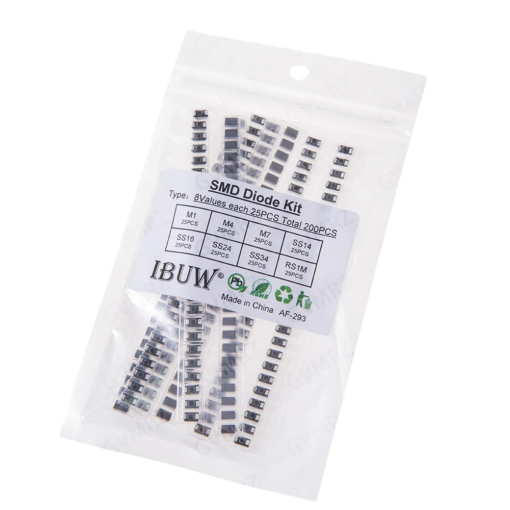 200PCS 8Values SMD Diode Kit M1 M4 M7 RS1M for Electronic Rectification Projects SS14 SS16 SS24 SS34