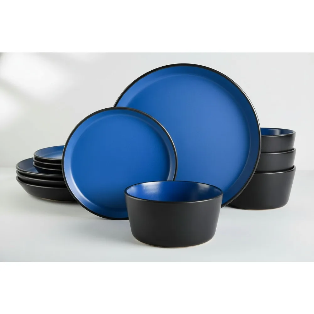 

Modern Matte Blue Dinnerware Set for 4, 12-Piece Stoneware Plates & Bowls, Stackable Coupe Design