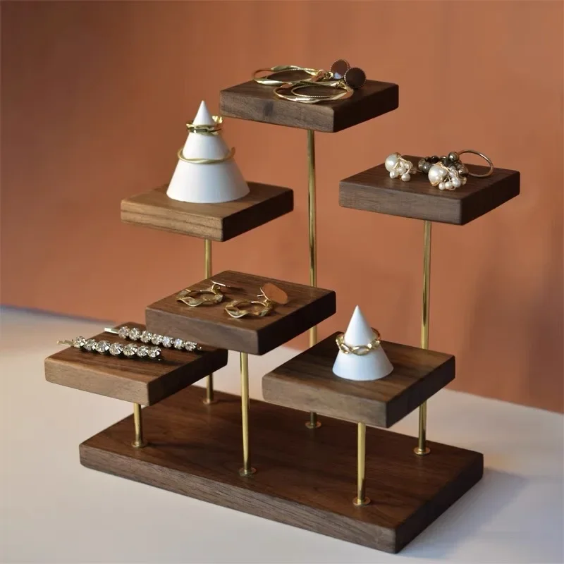 Walnut Jewelry Ladder Display Storage Shelves Jewelry Earrings Rings Tabletop Finishing Shelves Shooting Props