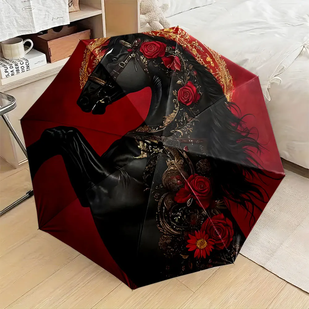 1PC Majestic Horse-Themed Umbrella Design with Elegant Details Print 8 Iron Ribs Folding Umbrella Auto-Open Fashion Sunshade