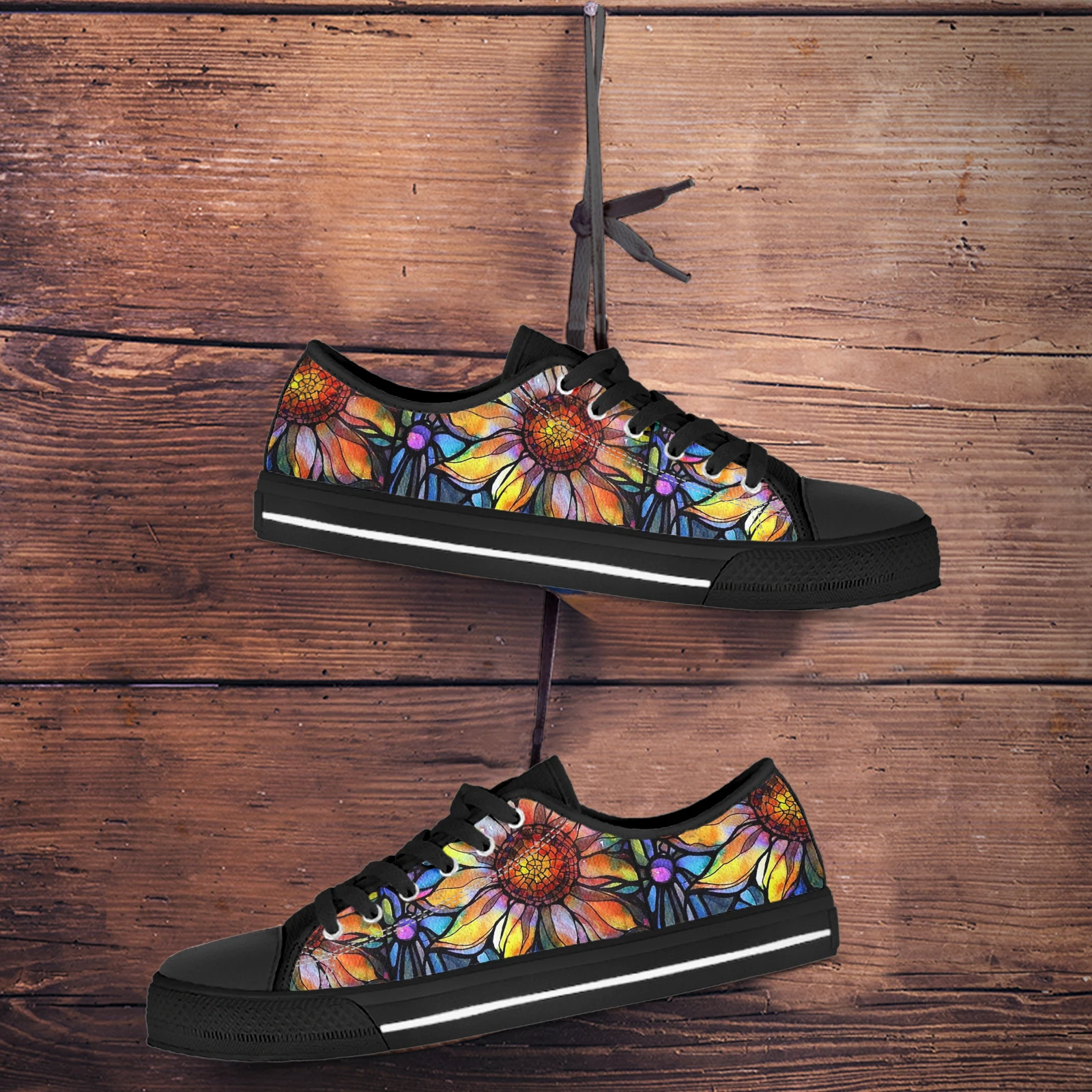 ELVISWORDS Pop Abstract Art Sunflower Design Comfortable Brand Sneakers Floral Print Black Soft Sole Sneakers Flats Zapatos