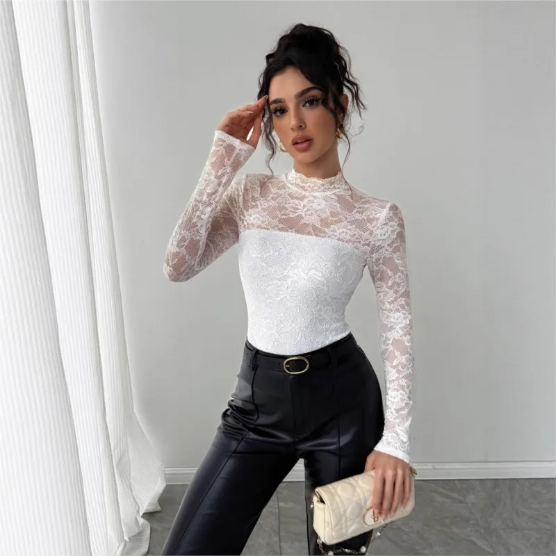 

New Autumn And Winter T Shirt Lace Patchwork Back Zipper Long-sleeved Slimming Top For Women