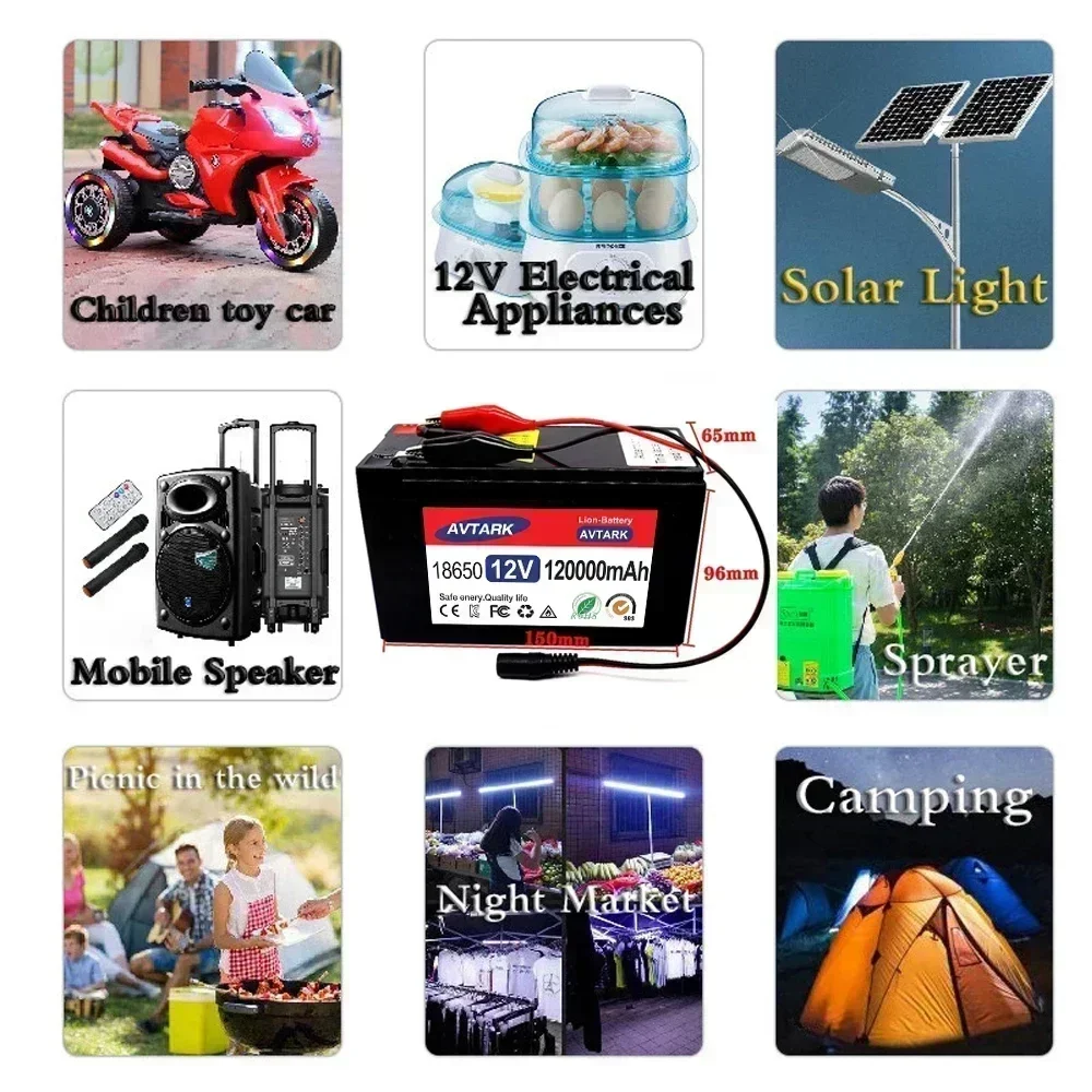 12V 120Ah 18650 lithium battery for Solar Panels 30A built-in high current BMS electric vehicle battery +12.6V charger