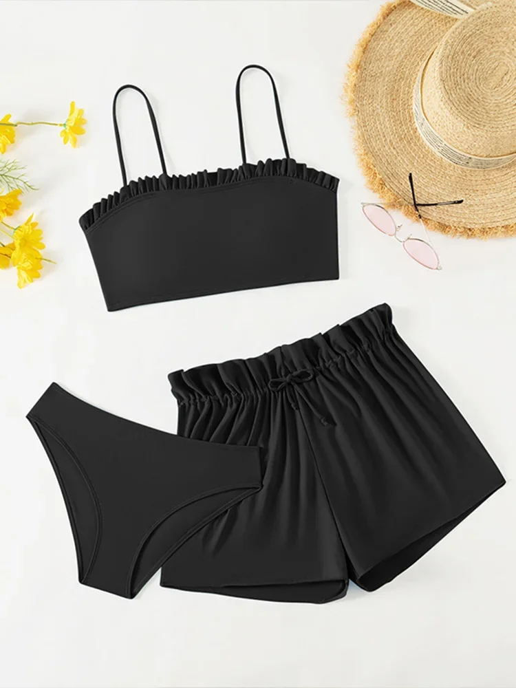 

Sexy Solid Vest Shorts Bikinis 3 Piece Set Women Split Swimsuit High Waist Backless Bikinis 2024 New Summer Beach Bikinis Set