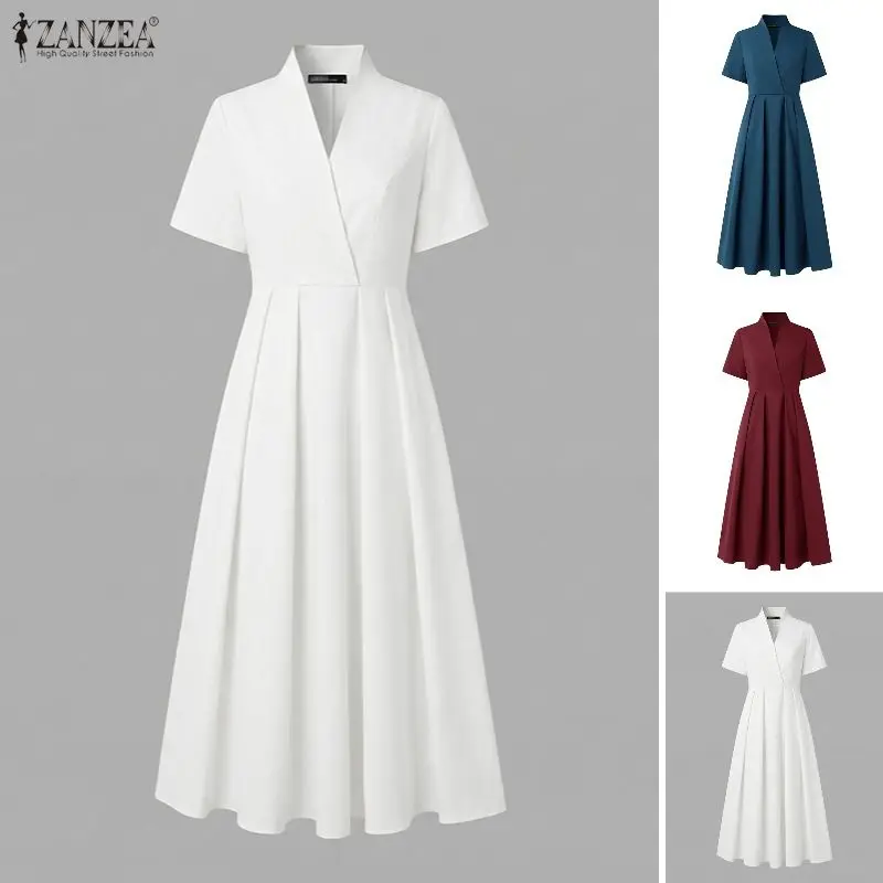 ZANZEA Elegant V Neck Office Dresses 2026 Summer Women Short Sleeve Pleated Sundress Stylish Solid A Line Collect Waist Dress
