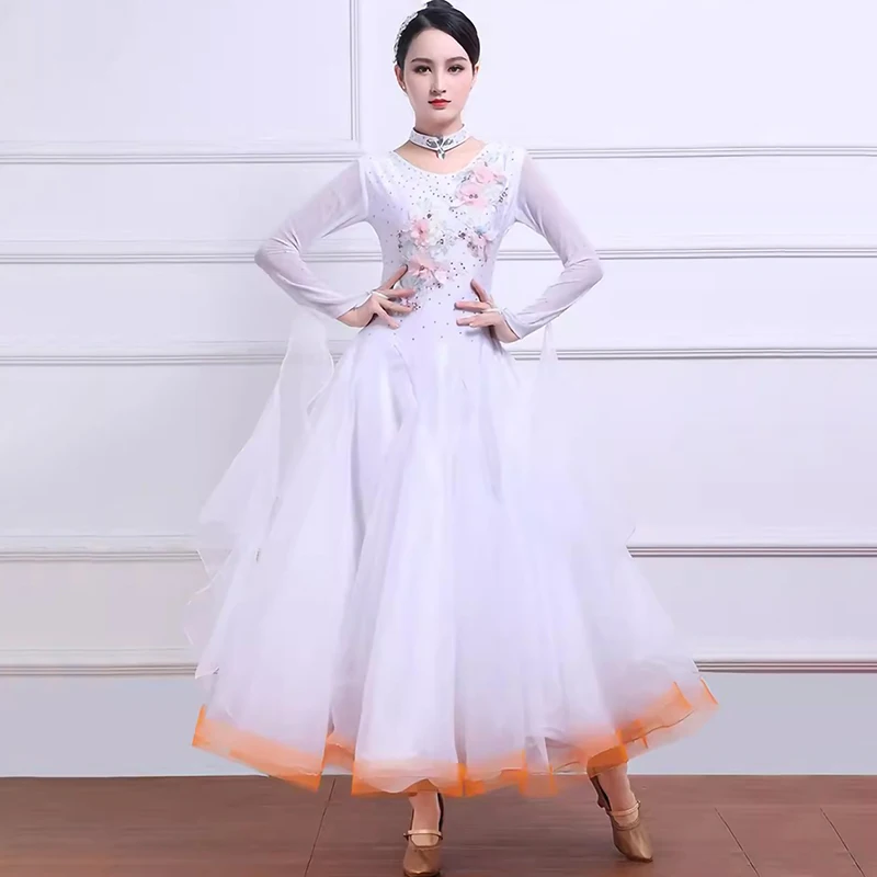 Standard Dance Dress Competition Strap Ladies Banquet Dress Long Sleeve Rhinestone Large Skirt Decal Flamenco Skirt White