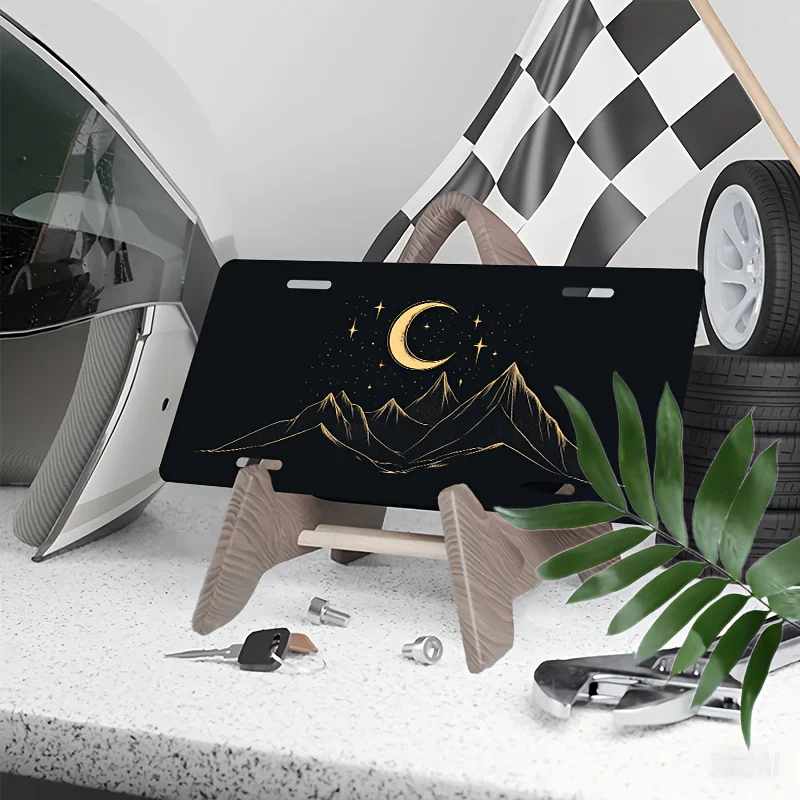 2D Flat Posters Aluminum License Plate Cover And Frame Mountain And Crescent Design, Novelty Front License Plate Tags