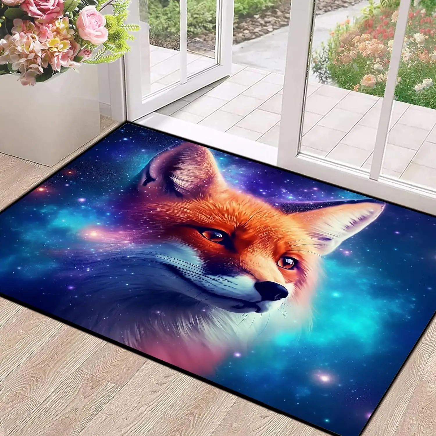 Galaxy Fox Rug 3D Cute Foxes Area Rugs for Bedroom Living Room Playroom Boys Kids Cartoon Colorful Carpet Glitter Stars Throw