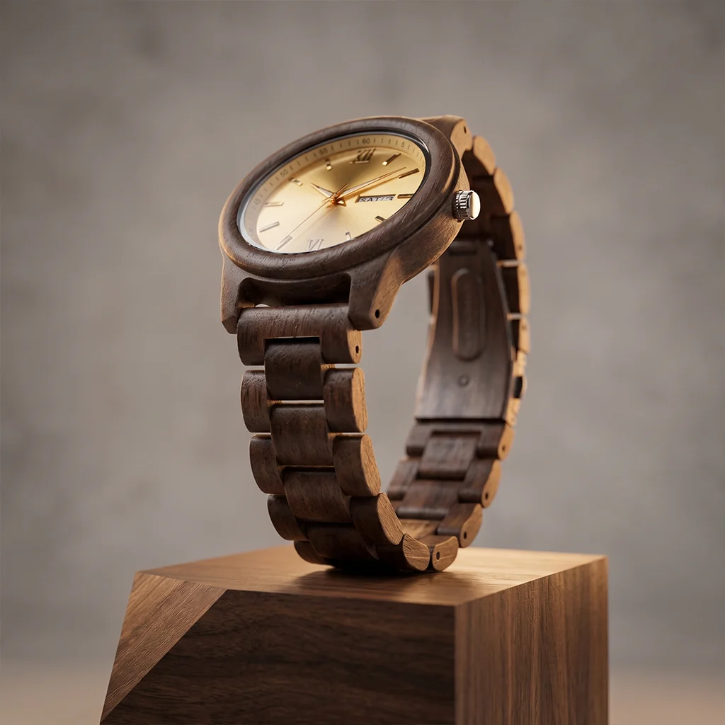 Men's Wooden Quartz Wristwatch with Date and Week Display description 5