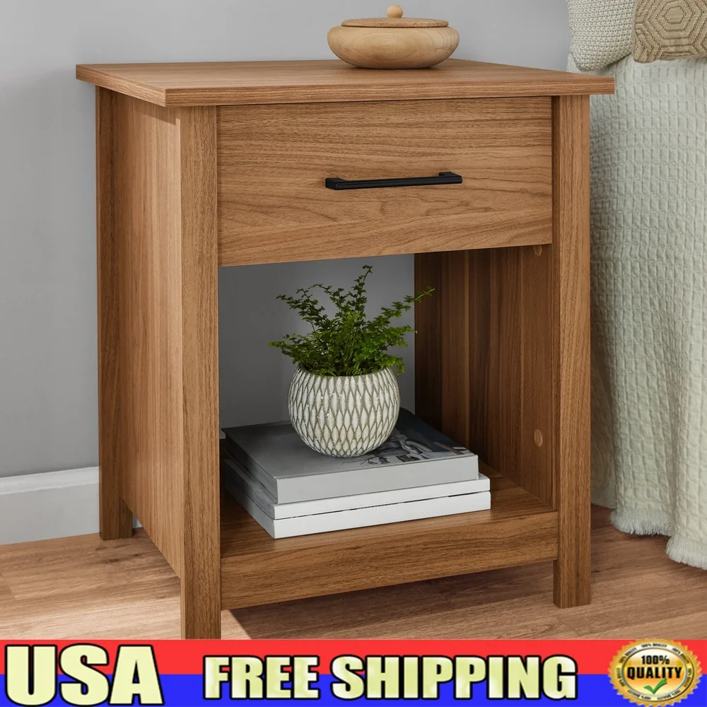 

Hillside Nightstand with Drawer Open Storage Wood Composite Bedside Table Alarm Clock Books Lamps Warm Walnut Finish