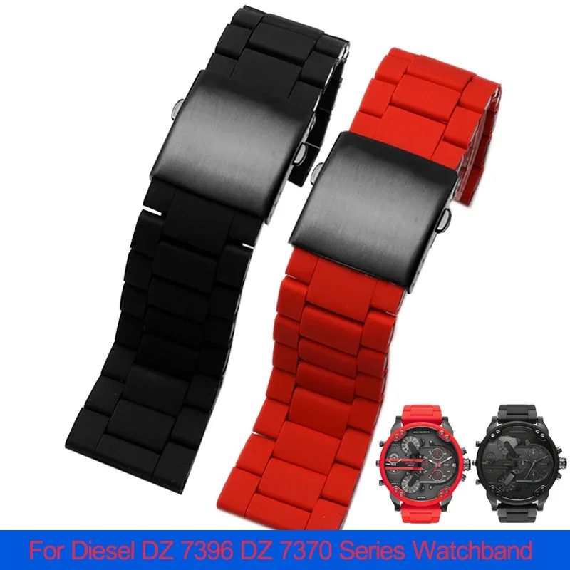 Silicone Stainless Steel Watchband for Diesel Watch Strap DZ7396 DZ7370 DZ4289 DZ7070 DZ7395 Men Rubber Wrist Band  28mm