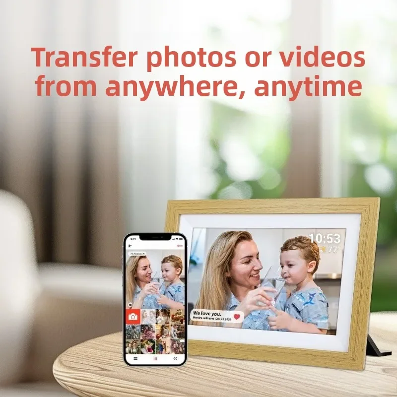 10-Inch IPS full-view display touch screen WiFi digital photo frame, smart wooden frame, cloud photo frame