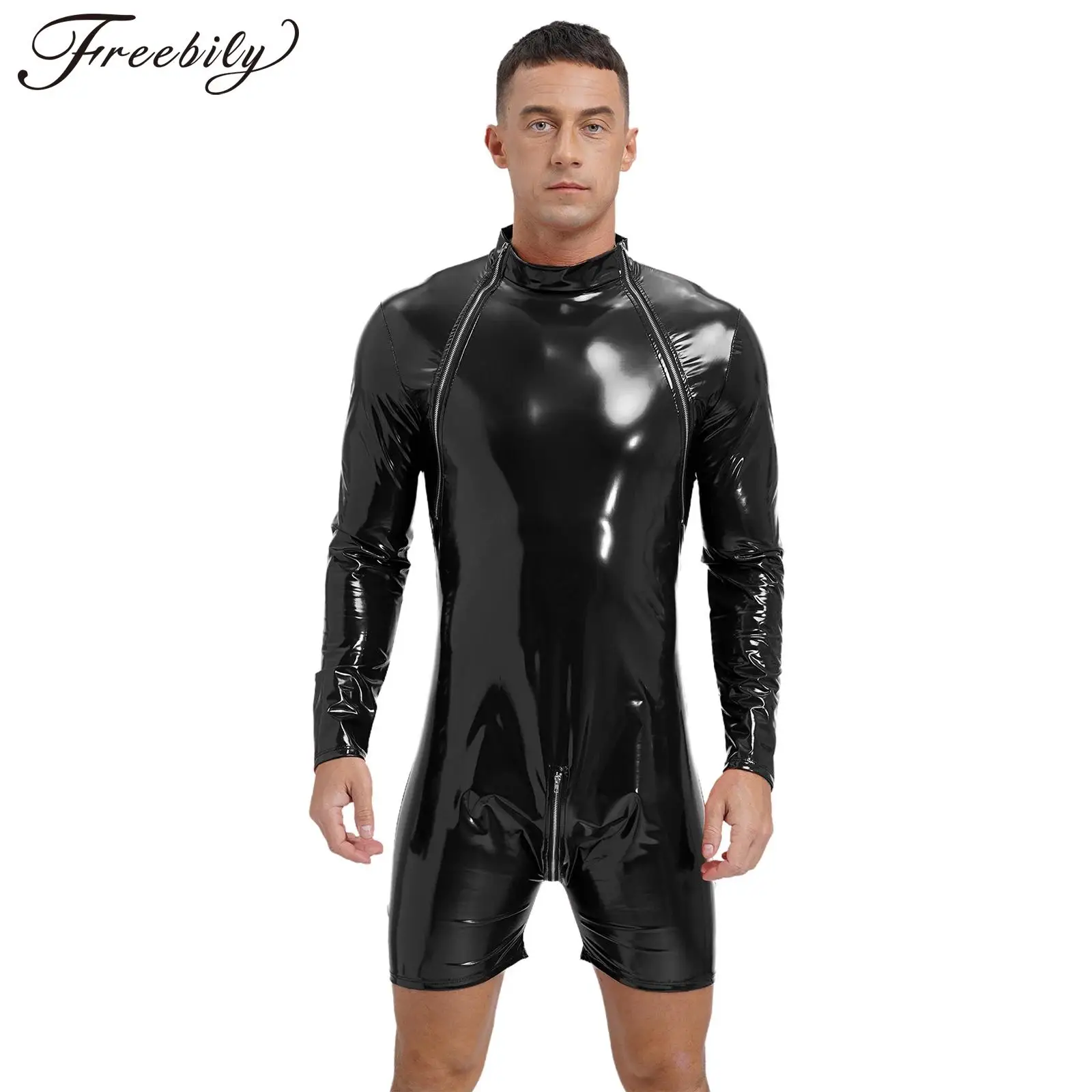 Men Wet Look Patent Leather Zipper Bodysuit Nightclub Pole Dancing Performance Costume Long Sleeve Mock Neck Jumpsuit Clubwear