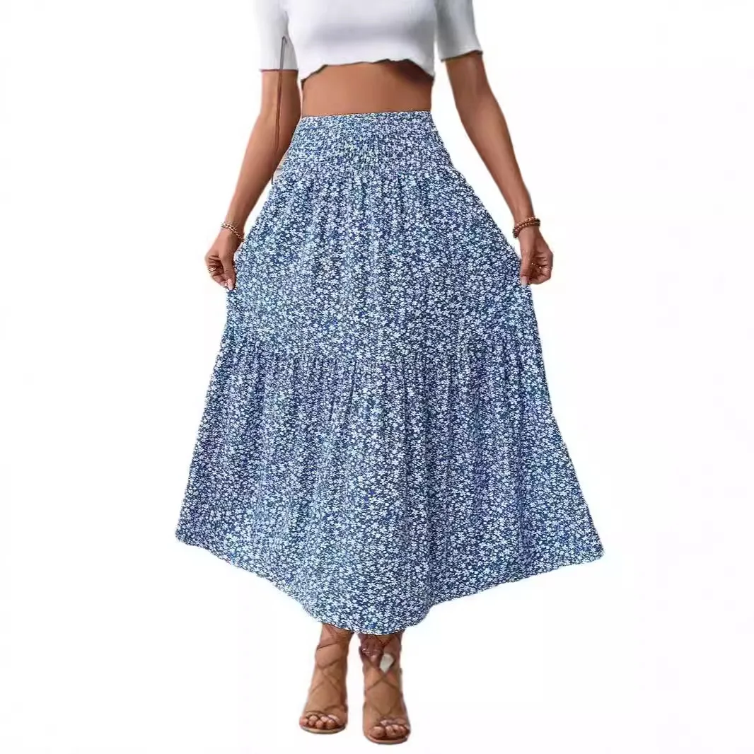 Women's Boho Floral Print Skirt Vintage High Waist Maxi Skirts Summer Casual Loose Beach Skirt Elegant Ladies Flowy Ruffle Skirt