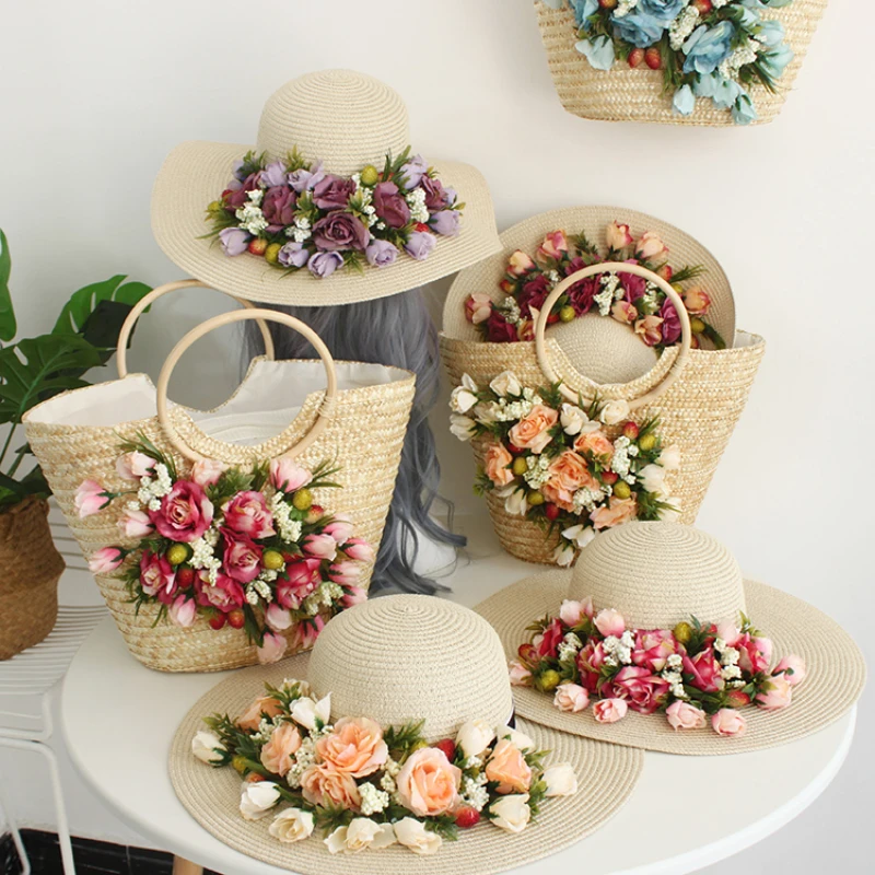 Women Fashion Summer Country Style Hand-woven Straw Hat Bag Suit Large Eaves Hat Colored Artificial Flowers Rattan Handbag Tote