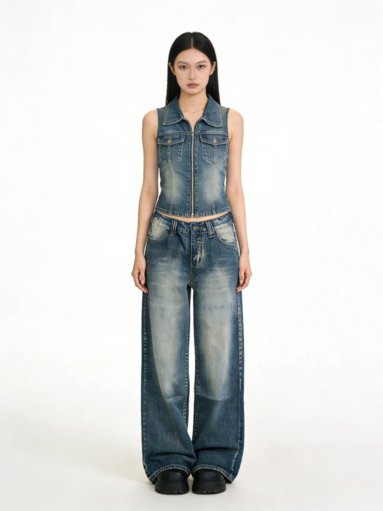 

HOUZHOU Vintage Distressed Jeans Women Y2k Harajuku Blue Washed Denim Pants Grunge American Retro Baggy Trousers Streetwear