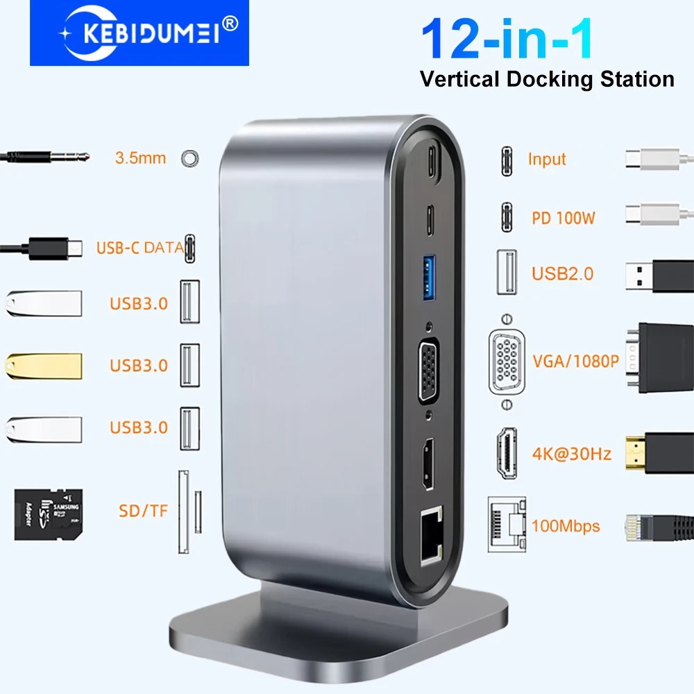 

12-in-1 Vertical Docking Station USB C HUB TYPE C Splitter HDMI 4K30Hz/LAN 100M/USB3.0 5Gbps/VGA 1080P/PD100W for Laptop MacBook