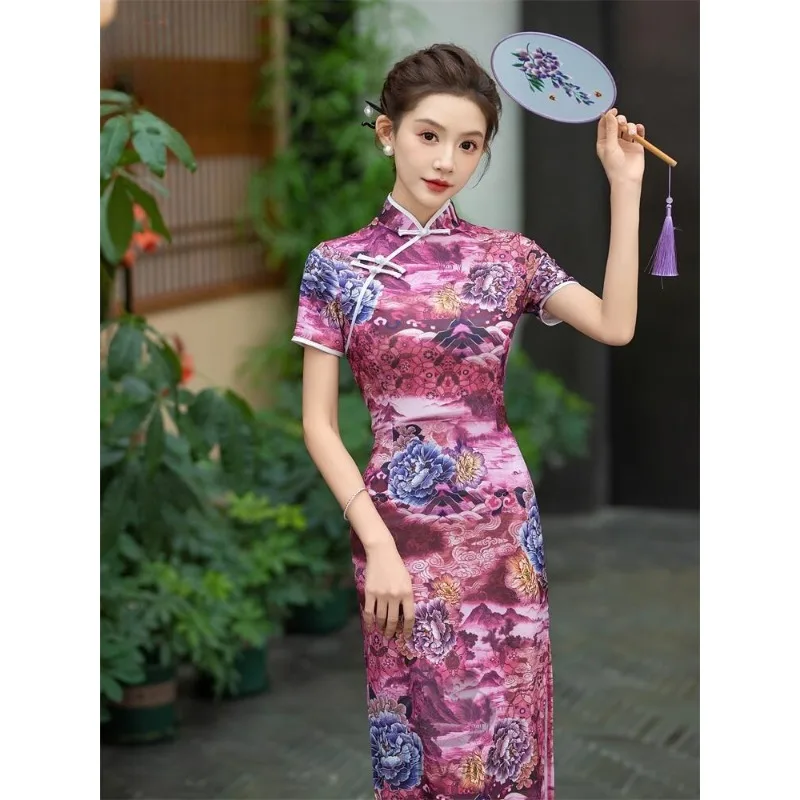 

New Improved High-end Chinese-style Cheongsam Retro Chinese Short-sleeved Catwalk Dress Long Style Fashion Women's Clothing 2026