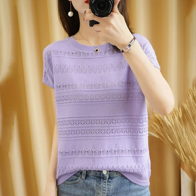 New cotton linen knitted short-sleeved round neck thin section hollow casual T-shirt women 2023 summer loose top