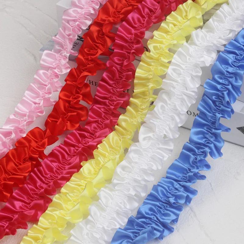 40 Yards/Lot New Pleated Ruffle Satin Lace Trim 4CM Wide Pink White Blue Elastic Frills Sewing Material Doll Dress Craft Decor