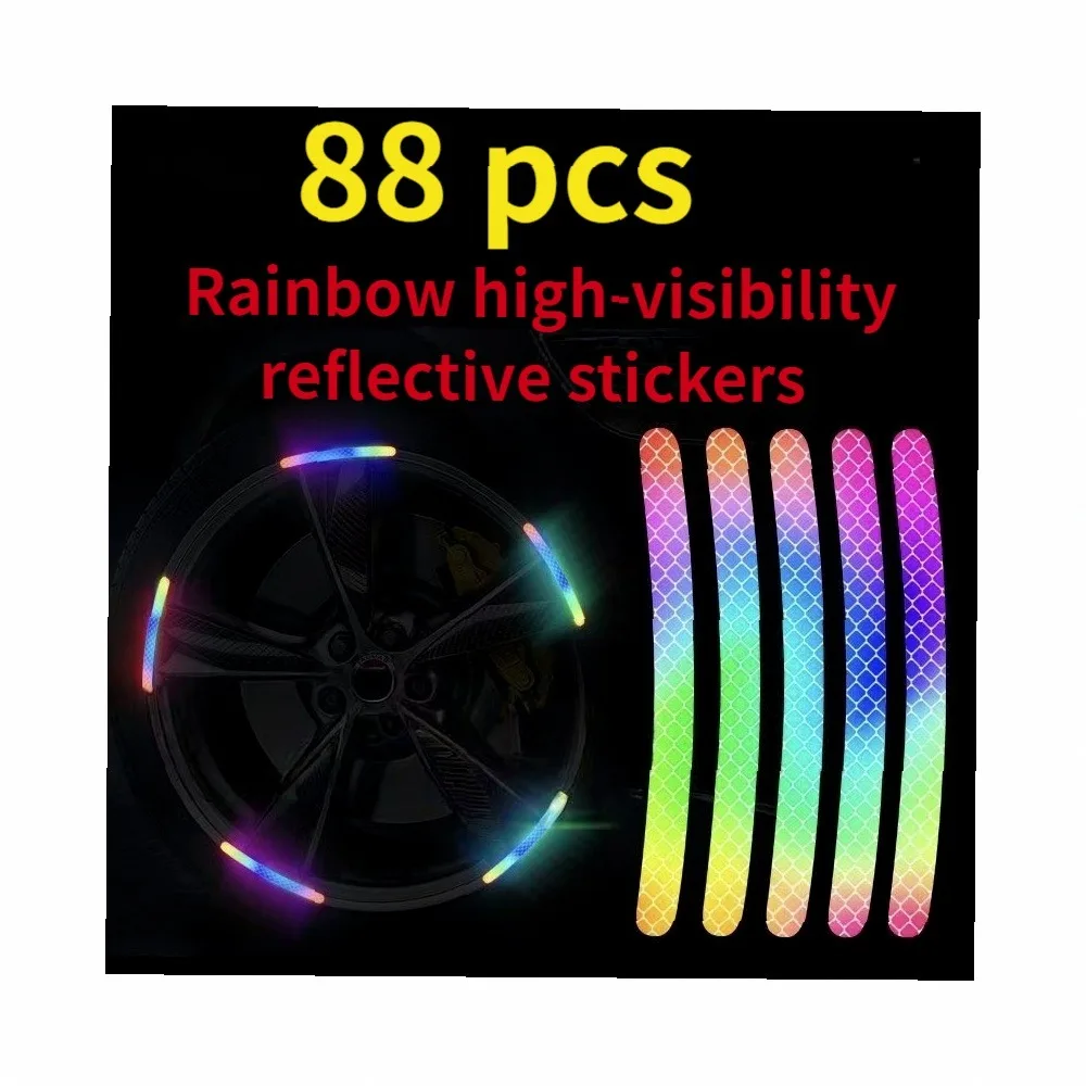 88pcs Rainbow Reflective Wheel Stickers Waterproof Durable PE Safety Decals Self-Adhesive Matte Finish for Car