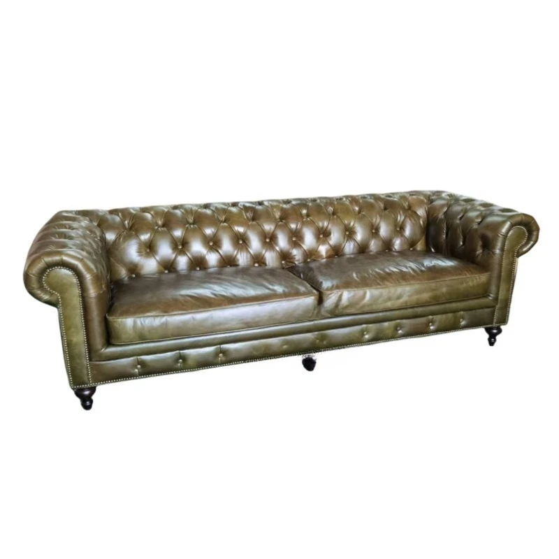 

American retro living room leather pull button hotel straight row sofa top layer leather
