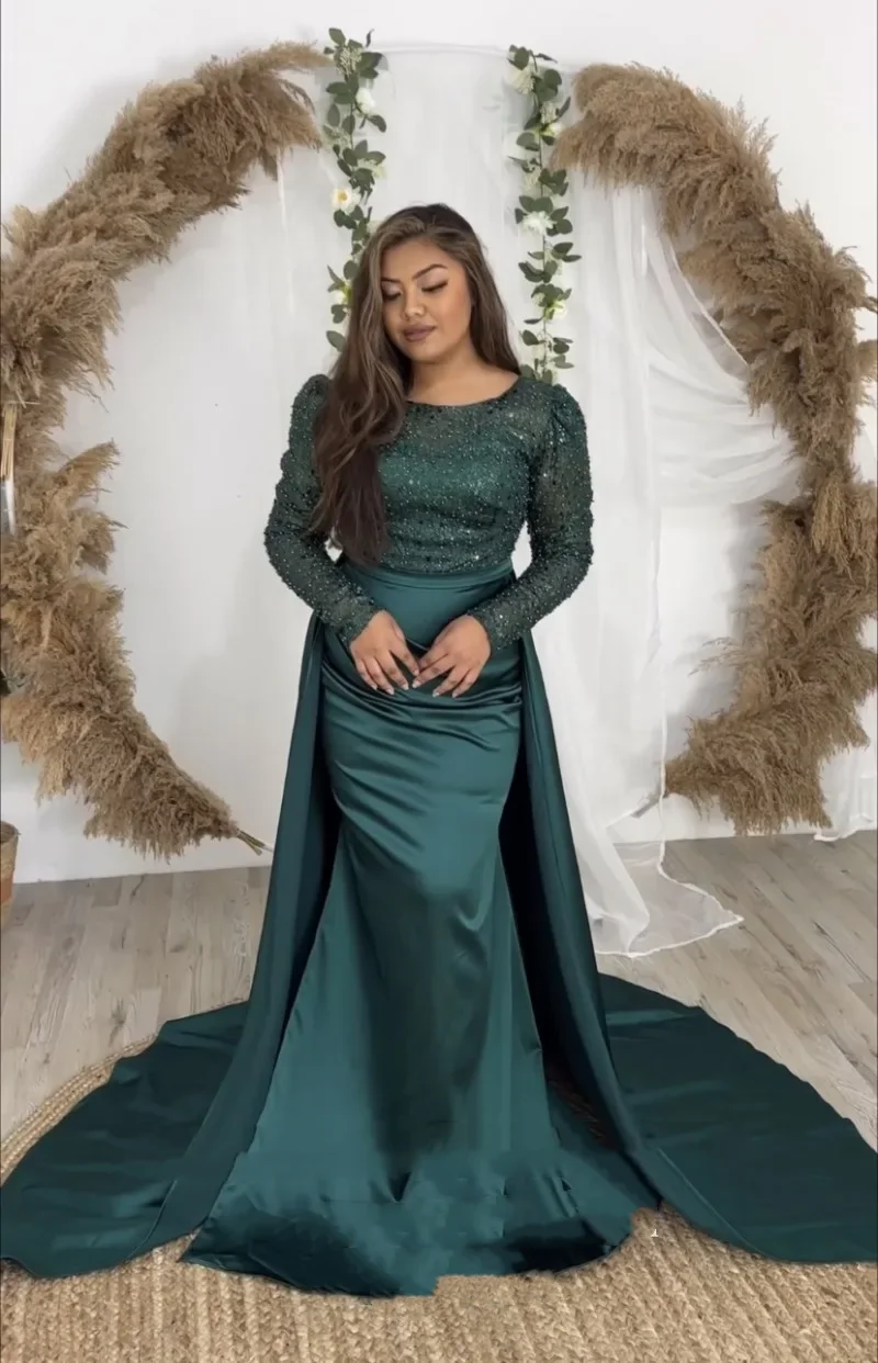 Flavinke Luxury Mermaid Evening Dresses 2024 Dark Green Beading Long Sleeves Satin Party Prom Gown Vestidos De Noche