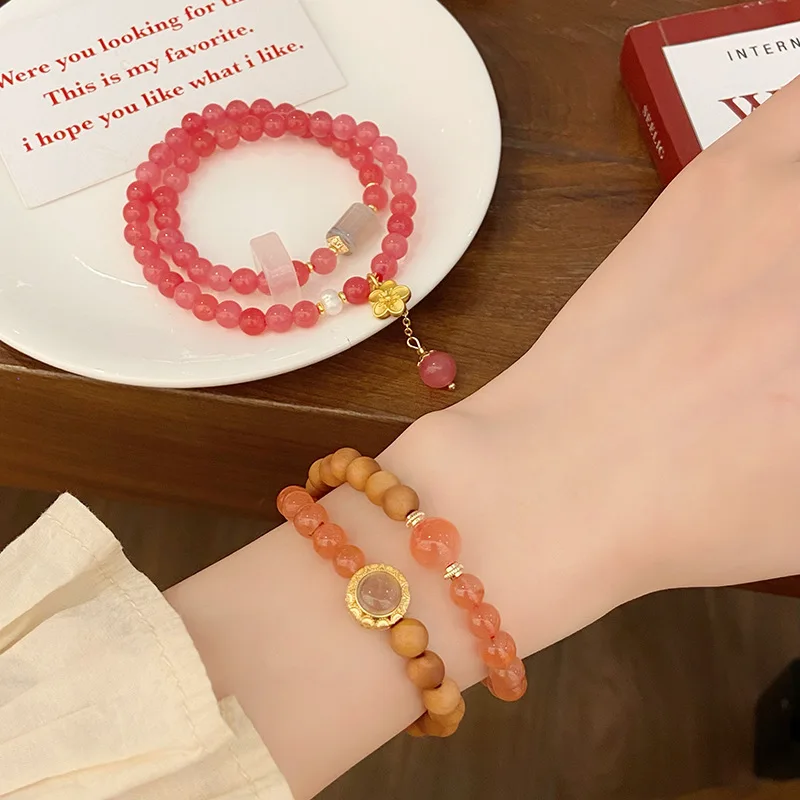 New Retro Natural Chalcedony South Red Two-Ring Bracelet National Style Temperament Han Chinese Clothing Accessories Des