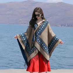 Poncho Imitation Cashmere Ethnic Scarf Warm Shawl Women's Tourism Outwear Hooded Cloak Knitted Shawl Lady Capes Coat Khaki