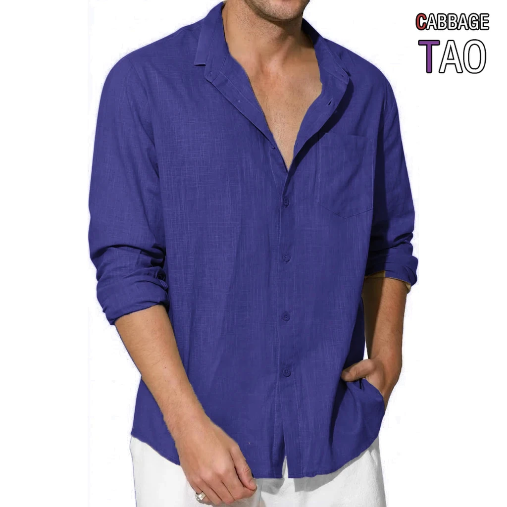 Men S Premium Long Sleeve Linen Shirts Breathable Cotton Tops Elegant Chest Pocket Shirts Summer Outdoor Hawaiian Tees for Men