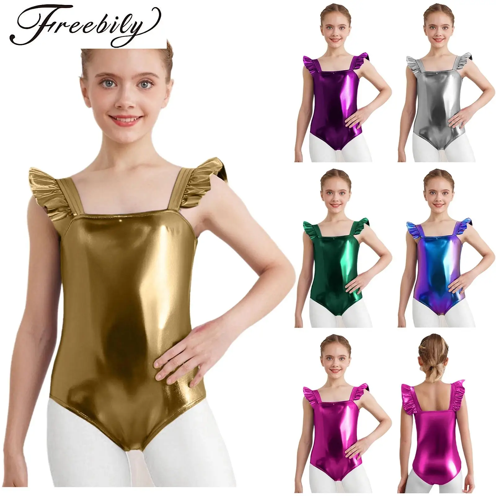

Girls Metallic Shiny Gymnastics Leotard Ballet Tank Unitard Bodysuit Sleeveles Dance Jumpsuit Figure Skating Performance Costume