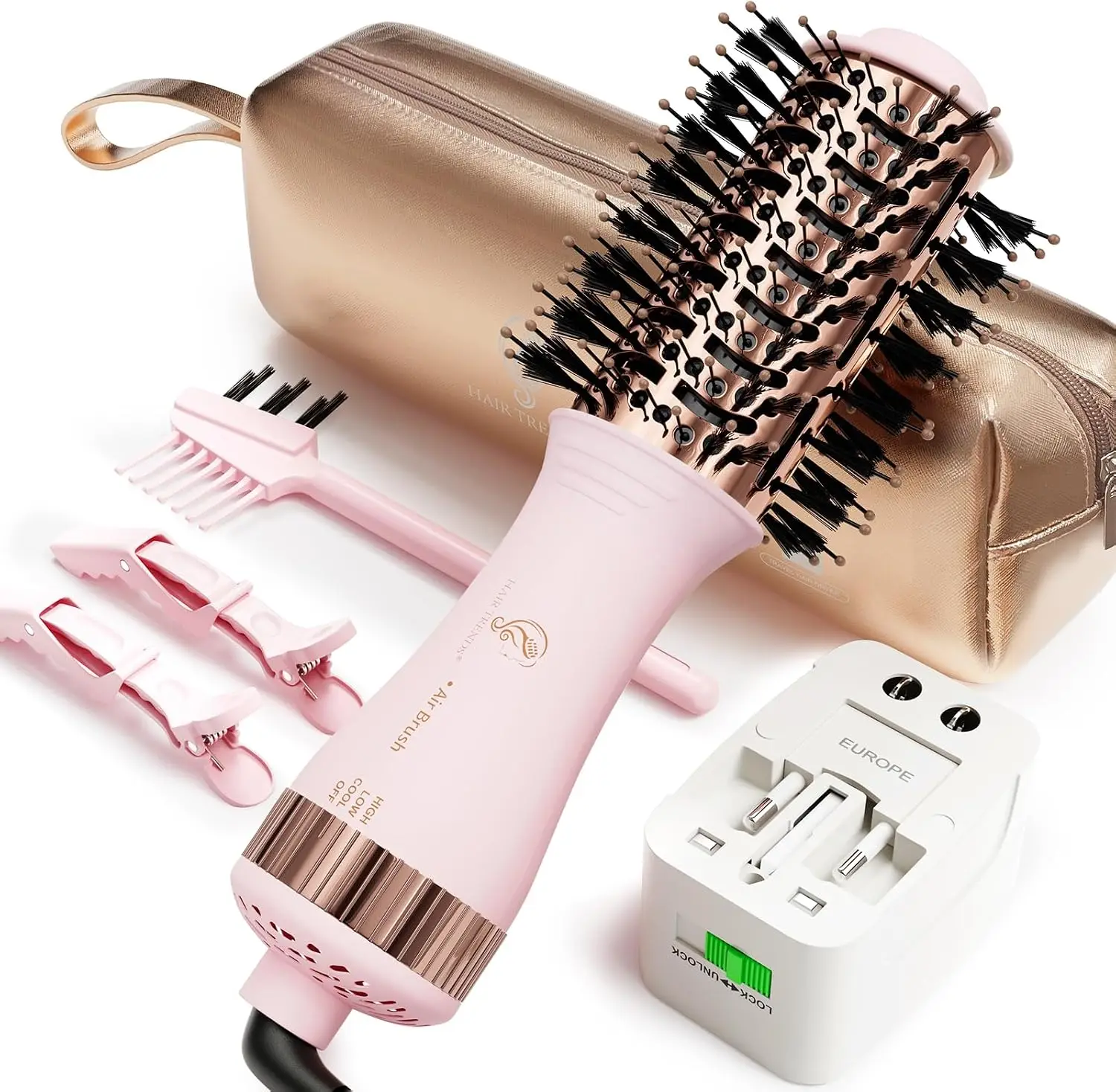 Dual Voltage Travel Hair Dryer Brush, Mini Hot Air Brush Styler for European Travel, Nano Titanium 2 Inch Oval One Step Hair Dryer and Volumizer