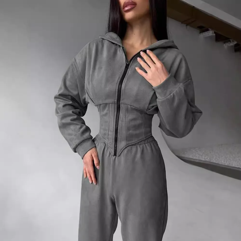 Autumn Women's Solid Color Waist Tied Hooded Sweatshirt and Long Pants Set Sports and Casual Long Pants Two Piece Set for Women