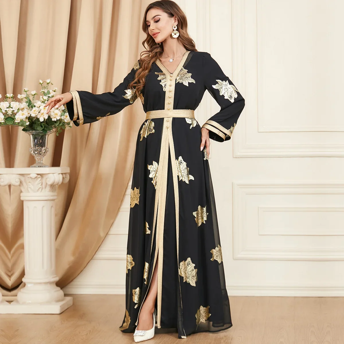 

New Middle Eastern Muslim Women's Clothing Robe. Abaya. Dubai Spring Outfit. Fashionable Party V-neck Two-piece Dress. M-XXL