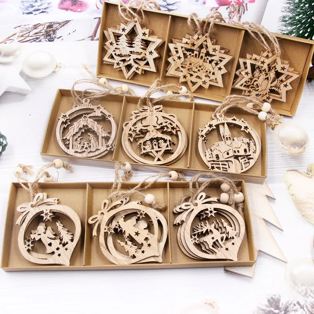 12 teile/schachtel Vintage Weihnachten Holz anhänger ausgehöhlte Stern glocke Ornamente für Weihnachten Party Dekorationen Kinder DIY Malerei Geschenke