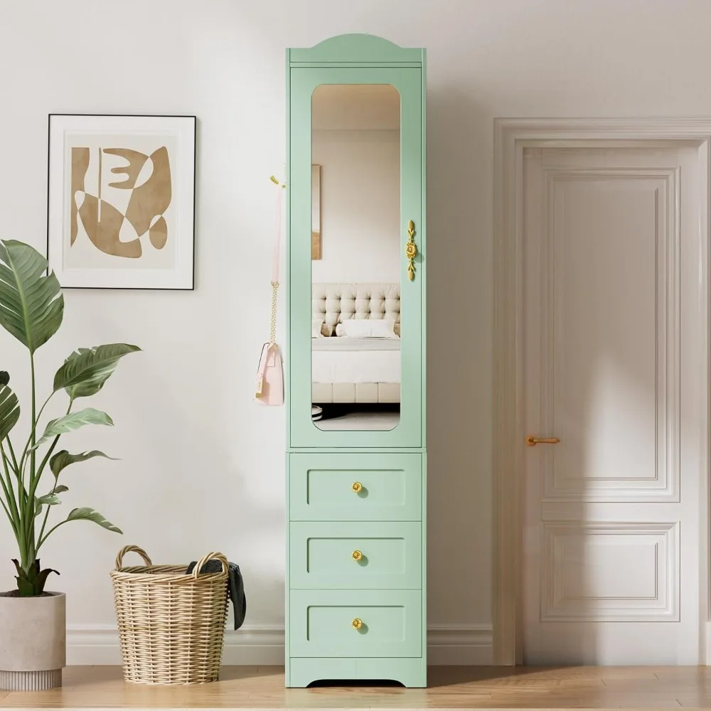 

Armoire Wardrobe Closet, 69.5" H Wood Bedroom Armoires Cabinet with Mirror Door and 3 Drawers, Green Clothing Storage Cabinet