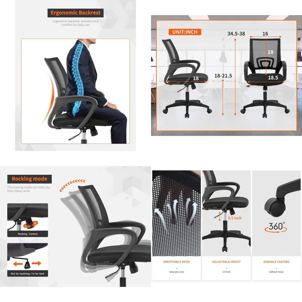 

Ergonomic Mesh Office Chair with Lumbar Support, Adjustable Swivel, and Armrests in Black
