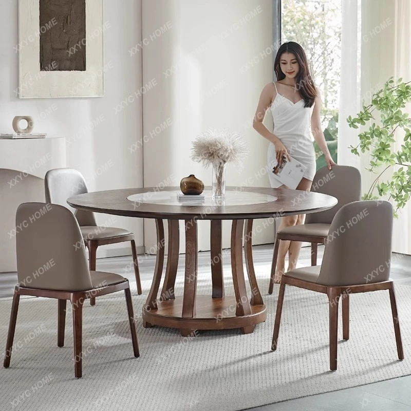 

L high-end solid wood rock slab dining table with turntable with induction cooker small apartment round log color 10 people