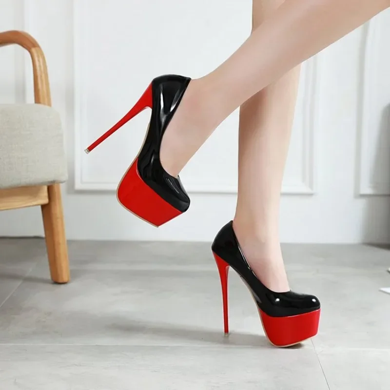 Women Sexy Thin High Heels 16cm Pumps Black Patent Leather Fashion Heels for Women Platform Wedding Nightclub Party Dress Shoes