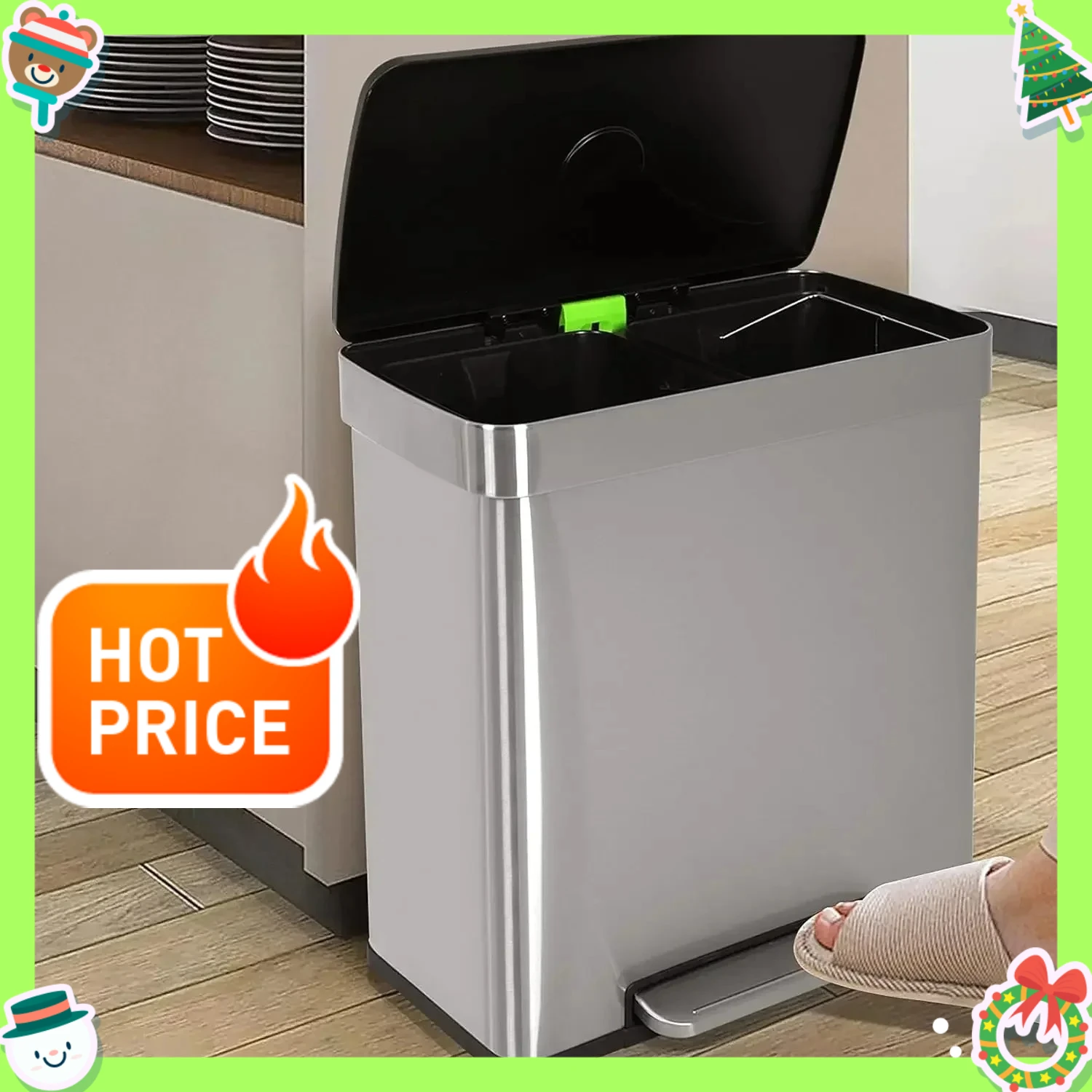 

Ограниченное предложение: 16-галлонный кухонный мусорный бак с двумя отсеками, педалью, крышкой и внутренним ведром из нержавеющей стали