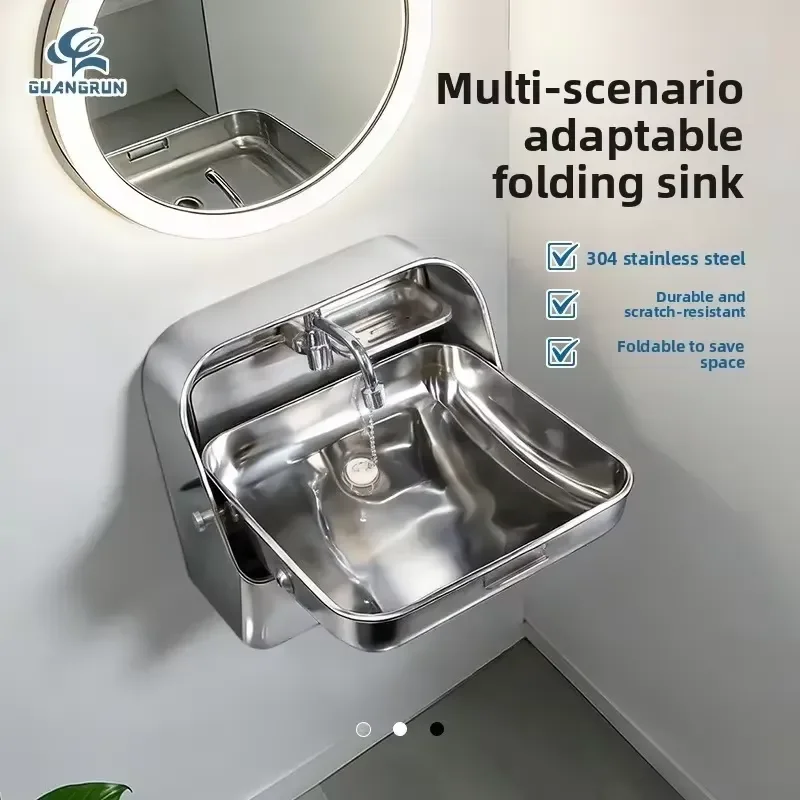 RV Small Family Stainless Steel Folding Rectangular Basin Bathroom Sink Single Hole Faucet White Color Design