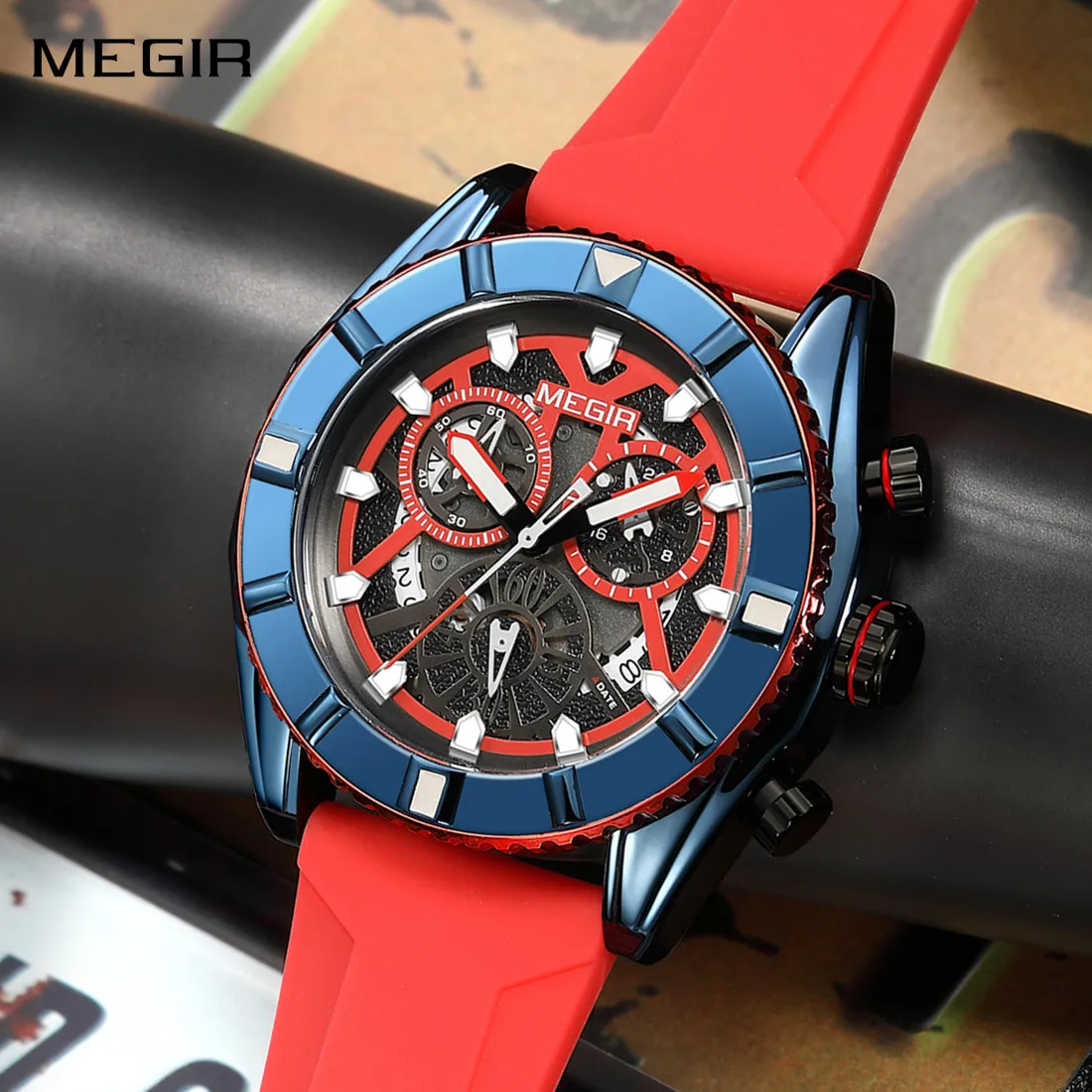 

MEGIR мужские наручные часы с большим циферблатом, силиконовые водонепроницаемые кварцевые спортивные часы с хронографом, 24-часовая автоматическая дата, Reloj Hombre