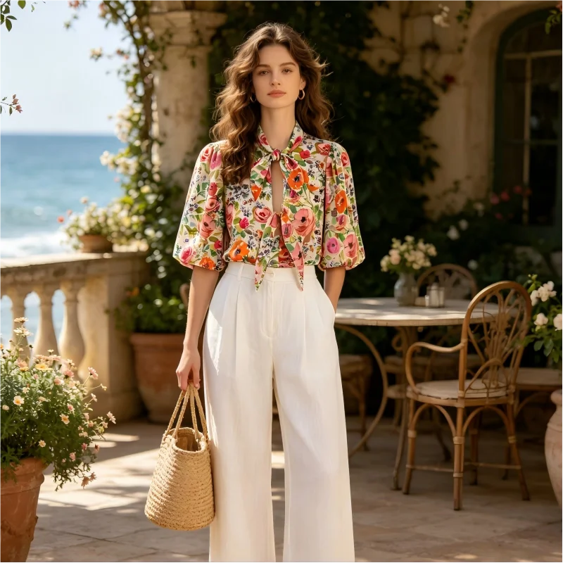 

Women's Floral Print Shirt with Bow - 3/4 Sleeve V-Neck Blouse, European French Style 2026 Spring New